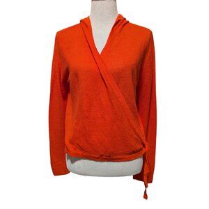 Eileen Fisher Womens NWT Sz M Red Orange Organic Linen Hooded Wrap Knit Cardigan